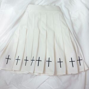 White Pleated Mini Skirt with Crosses – Medium